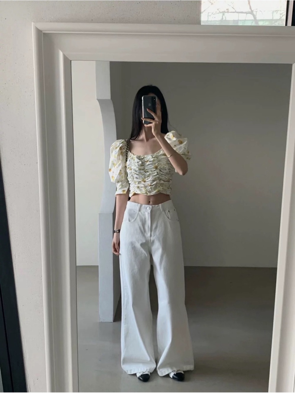 Yellow Floral Ruching Puff Sleeve Crop Top